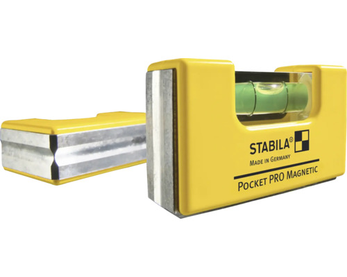 Žlutá magnetická vodováha Stabila Pocket Pro s libelou a magnetickou měřicí plochou, vyrobeno v Německu.