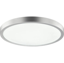 Ploché kulaté stropní LED svítidlo se stříbrným rámem.