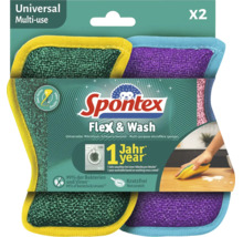 Mikrovláknové houbičky Spontex Flex a Wash v balení po dvou kusech, nepoškrábou povrch, pratelné jeden rok, účinné proti bakteriím a virům.