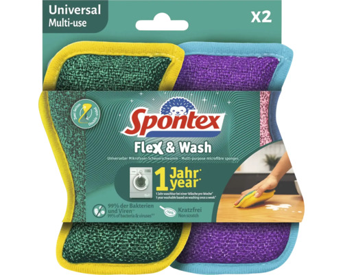 Mikrovláknové houbičky Spontex Flex a Wash v balení po dvou kusech, nepoškrábou povrch, pratelné jeden rok, účinné proti bakteriím a virům.