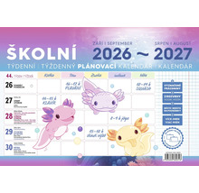 Školní týdenní plánovací kalendář 2026 až 2027 s motivem axolotlů a prostorem pro rodinné členy.