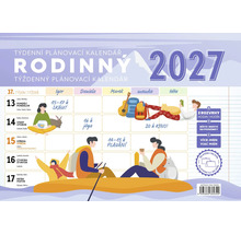 Rodinný týdenní plánovací kalendář 2027 se sloupci pro členy rodiny, ilustracemi aktivit a prostorem pro poznámky.