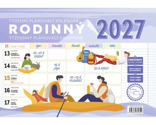 Rodinný týdenní plánovací kalendář 2027 se sloupci pro členy rodiny, ilustracemi aktivit a prostorem pro poznámky.