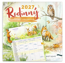 Rodinný plánovací kalendář 2027 s motivy lesních zvířat, nástěnný kalendář se sloupci pro členy rodiny, značka Notique.