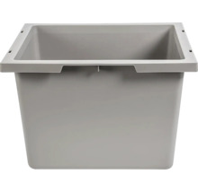 Šedý obdélníkový plastový úložný box s otevřenou horní částí a vyztuženým okrajem.