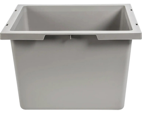 Šedý obdélníkový plastový úložný box s otevřenou horní částí a vyztuženým okrajem.