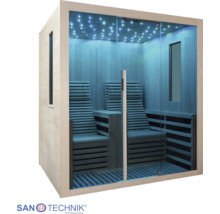 Moderní infrasauna, skleněné čelo, dvě ergonomická lehátka, LED hvězdná obloha. Interiér ze světlého dřeva, boční okna. Sanotechnik Logo.