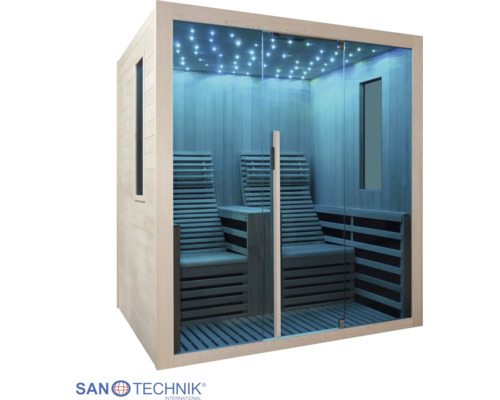 Moderní infrasauna, skleněné čelo, dvě ergonomická lehátka, LED hvězdná obloha. Interiér ze světlého dřeva, boční okna. Sanotechnik Logo.
