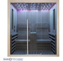 Infrasauna pro dvě osoby s dřevěnými lamelami, skleněným čelem a osvětlením hvězdné oblohy na stropě. Sanotechnik International Logo.