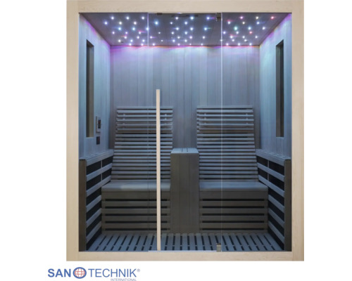Infrasauna pro dvě osoby s dřevěnými lamelami, skleněným čelem a osvětlením hvězdné oblohy na stropě. Sanotechnik International Logo.