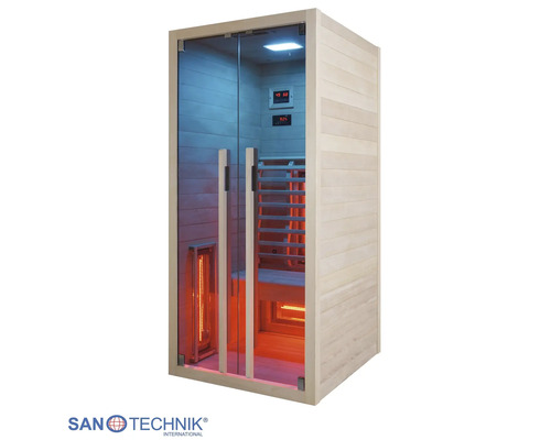 Infrasauna Sanotechnik ze dřeva se skleněnou přední stěnou, madly, lavičkou, topnými tělesy a digitálním ovládáním. Logo Sanotechnik.