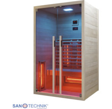 Infrasauna se skleněným čelem, dřevěným interiérem, lavicí a infračervenými zářiči. Sanotechnik Logo.