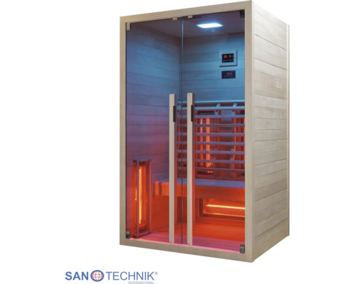 Infrasauna se skleněným čelem, dřevěným interiérem, lavicí a infračervenými zářiči. Sanotechnik Logo.