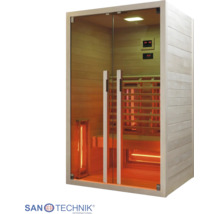 Infrasauna Sanotechnik s prosklenou přední stranou, dřevěnou lavicí, infračervenými zářiči a digitálním ovládacím panelem.