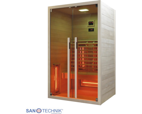 Infrasauna Sanotechnik s prosklenou přední stranou, dřevěnou lavicí, infračervenými zářiči a digitálním ovládacím panelem.