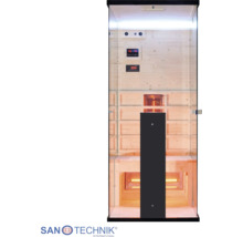 Infrasauna Sanotechnik s proskleným čelem, dřevěným interiérem, lavicí, digitálním ovládacím panelem a zářiči. Sanotechnik Logo.