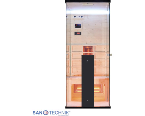 Infrasauna Sanotechnik s proskleným čelem, dřevěným interiérem, lavicí, digitálním ovládacím panelem a zářiči. Sanotechnik Logo.
