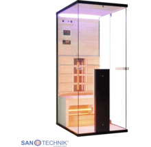 Infrasauna se skleněnými stěnami, dřevěným interiérem, infrazářiči, lavicí a digitálním ovládacím panelem.