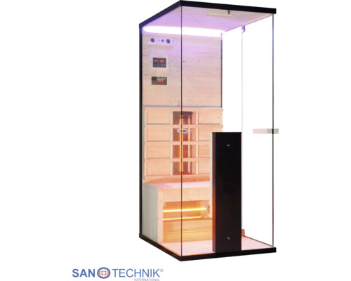 Infrasauna se skleněnými stěnami, dřevěným interiérem, infrazářiči, lavicí a digitálním ovládacím panelem.