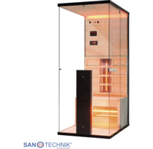 Infrasauna se skleněnými stěnami, dřevěným interiérem, infračerveným zářičem, lavicí a digitálním ovládáním. Sanotechnik Logo.