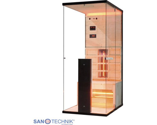 Infrasauna se skleněnými stěnami, dřevěným interiérem, infračerveným zářičem, lavicí a digitálním ovládáním. Sanotechnik Logo.