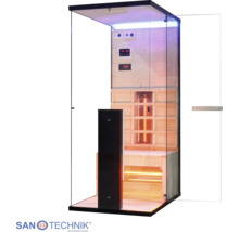 Infrasauna Sanotechnik pro jednu osobu s černým rámem, skleněnými stěnami a dřevěným interiérem. Logo Sanotechnik International.