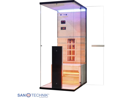 Infrasauna Sanotechnik pro jednu osobu s černým rámem, skleněnými stěnami a dřevěným interiérem. Logo Sanotechnik International.