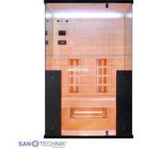 Infrasauna se skleněným průčelím, světlým dřevěným obložením, infračervenými zářiči a digitálním ovládáním. Logo Sanotechnik International.