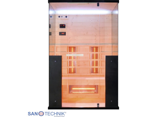 Infrasauna se skleněným průčelím, světlým dřevěným obložením, infračervenými zářiči a digitálním ovládáním. Logo Sanotechnik International.