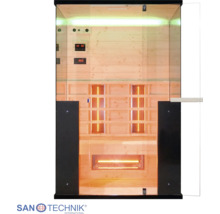 Infrasauna Sanotechnik s proskleným čelem, dřevěným interiérem, vnitřním osvětlením a digitálním ovládacím panelem.