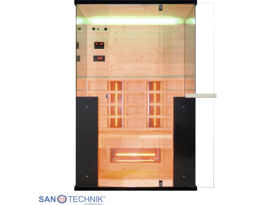 Infrasauna Sanotechnik s proskleným čelem, dřevěným interiérem, vnitřním osvětlením a digitálním ovládacím panelem.