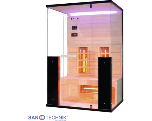Infrasauna Sanotechnik se skleněnými stěnami, dřevěným interiérem, lavicí a infrazářiči a Sanotechnik International Logo.