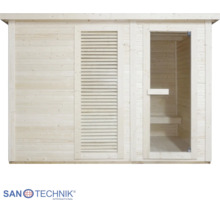 Sauna Sanotechnik ze dřeva se skleněnými dveřmi a dřevěnými lamelami.