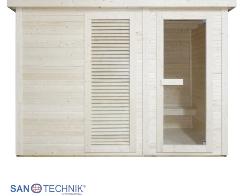 Sauna Sanotechnik ze dřeva se skleněnými dveřmi a dřevěnými lamelami.