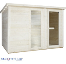 Venkovní sauna Sanotechnik ze dřeva na zahradu s prosklenými dveřmi a lamelovým oknem.