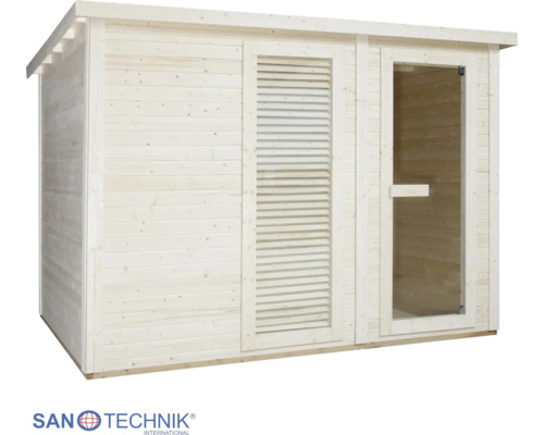 Venkovní sauna Sanotechnik ze dřeva na zahradu s prosklenými dveřmi a lamelovým oknem.