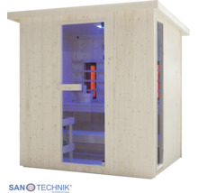 Infrasauna Sanotechnik ze světlého dřeva se skleněnými dveřmi, bočním oknem a vnitřními lavicemi. Sanotechnik Logo.