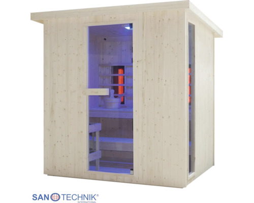 Infrasauna Sanotechnik ze světlého dřeva se skleněnými dveřmi, bočním oknem a vnitřními lavicemi. Sanotechnik Logo.