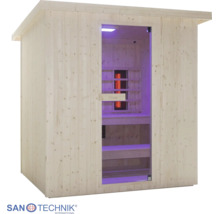 Infrasauna Sanotechnik ze dřeva se skleněnými dveřmi, dřevěnými lavicemi a vnitřním osvětlením. Sanotechnik Logo.