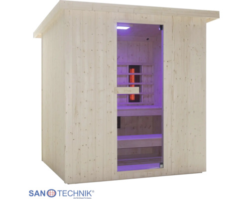 Infrasauna Sanotechnik ze dřeva se skleněnými dveřmi, dřevěnými lavicemi a vnitřním osvětlením. Sanotechnik Logo.