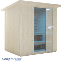 Dřevěná sauna Sanotechnik se skleněnými dveřmi a lavicemi z masivního dřeva. Logo Sanotechnik International.