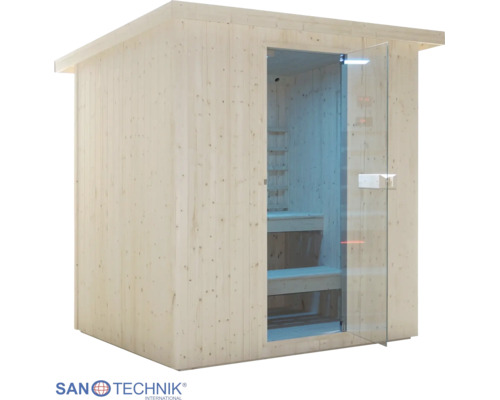 Dřevěná sauna Sanotechnik se skleněnými dveřmi a lavicemi z masivního dřeva. Logo Sanotechnik International.