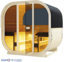 Oválná zahradní sauna ze dřeva s proskleným čelem, vnitřním osvětlením a lavicemi ve dvou úrovních. Sanotechnik International Logo.
