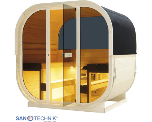 Oválná zahradní sauna ze dřeva s proskleným čelem, vnitřním osvětlením a lavicemi ve dvou úrovních. Sanotechnik International Logo.