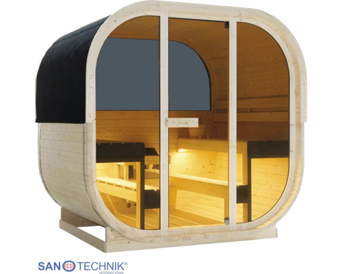 Oválná zahradní sauna ze dřeva s proskleným čelem, dvoustupňovými lavicemi a vnitřním osvětlením. Logo Santechnik International.