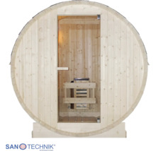 Sudová sauna ze světlého dřeva s prosklenými dveřmi a saunovými kamny. Sanotechnik International Logo.