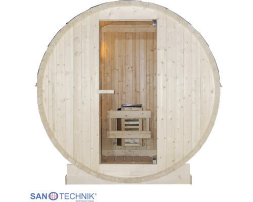 Sudová sauna ze světlého dřeva s prosklenými dveřmi a saunovými kamny. Sanotechnik International Logo.