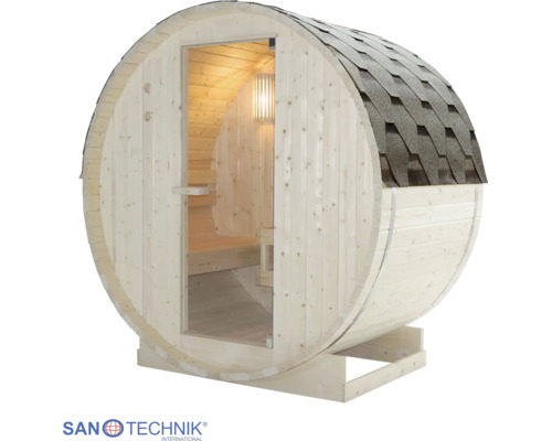 Kruhová sudová sauna ze světlého dřeva s prosklenými dveřmi, tmavými šindeli a vnitřním osvětlením. Logo Sanotechnik.
