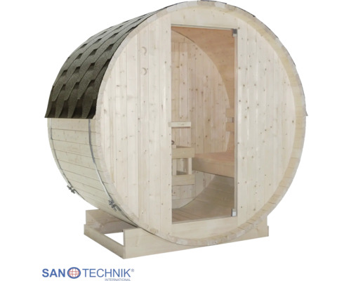 Sudová sauna ze světlého dřeva s prosklenými dveřmi, šindelovou střechou a vnitřními lavicemi na podstavci. Sanotechnik International Logo.