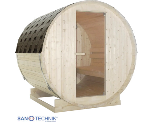 Sudová sauna ze světlého dřeva s celoskleněnými dveřmi, tmavou šindelovou střechou a stabilním dřevěným podstavcem. SanoTechnik Logo.